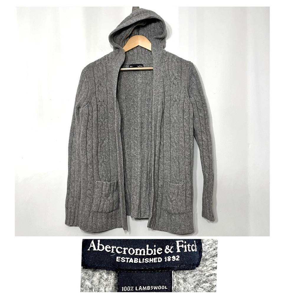 Abercrombie & Fitch Hooded 100% Lambswool Y2K Cardigan Knit Sweater Cable Knit M